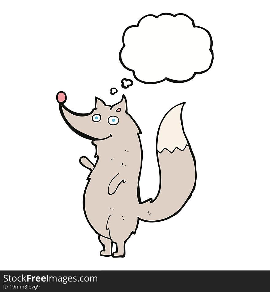 cartoon waving wolf with thought bubble