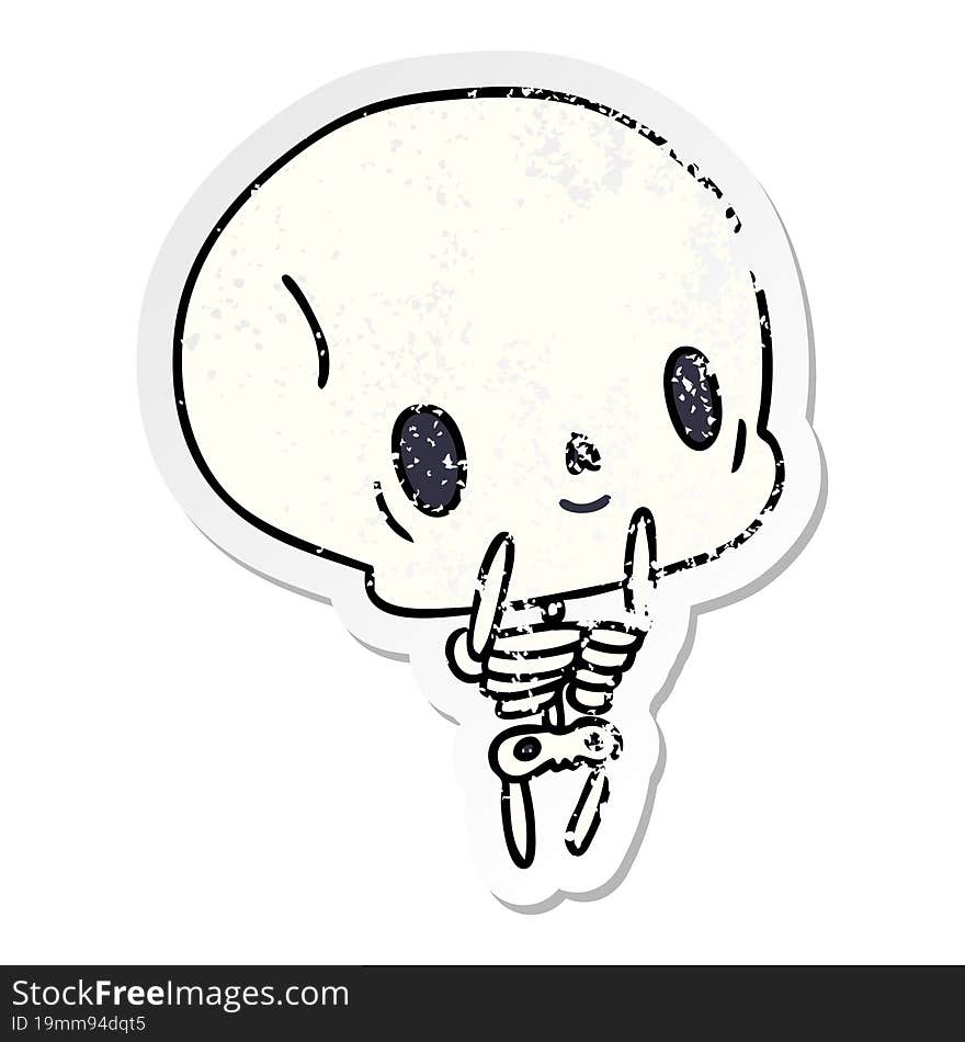 distressed sticker cartoon illustration kawaii cute dead skeleton. distressed sticker cartoon illustration kawaii cute dead skeleton