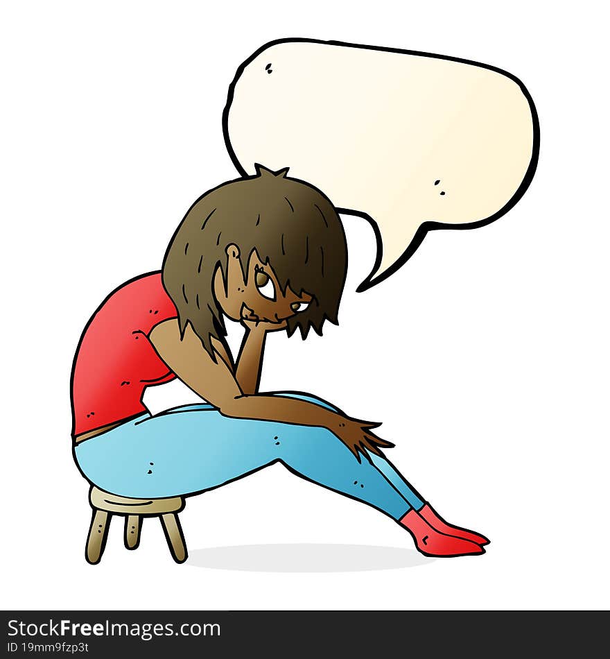 cartoon woman sitting on small stool with speech bubble