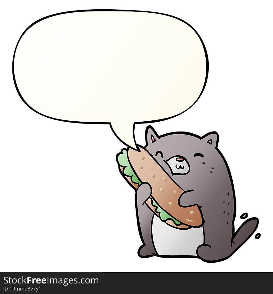 cartoon cat loving the amazing sandwich he\'s just made for lunch with speech bubble in smooth gradient style