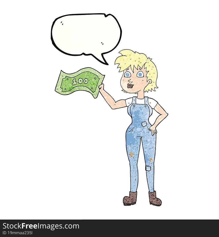 Speech Bubble Textured Cartoon Confident Farmer Woman With Money