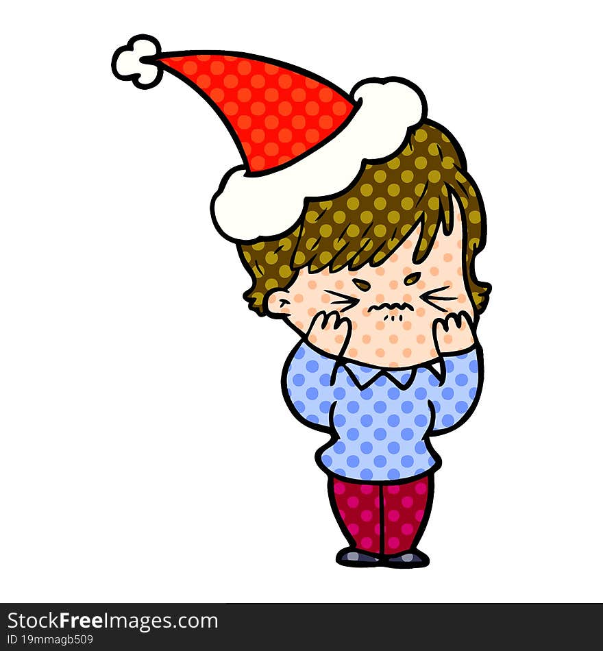 Comic Book Style Illustration Of A Frustrated Woman Wearing Santa Hat