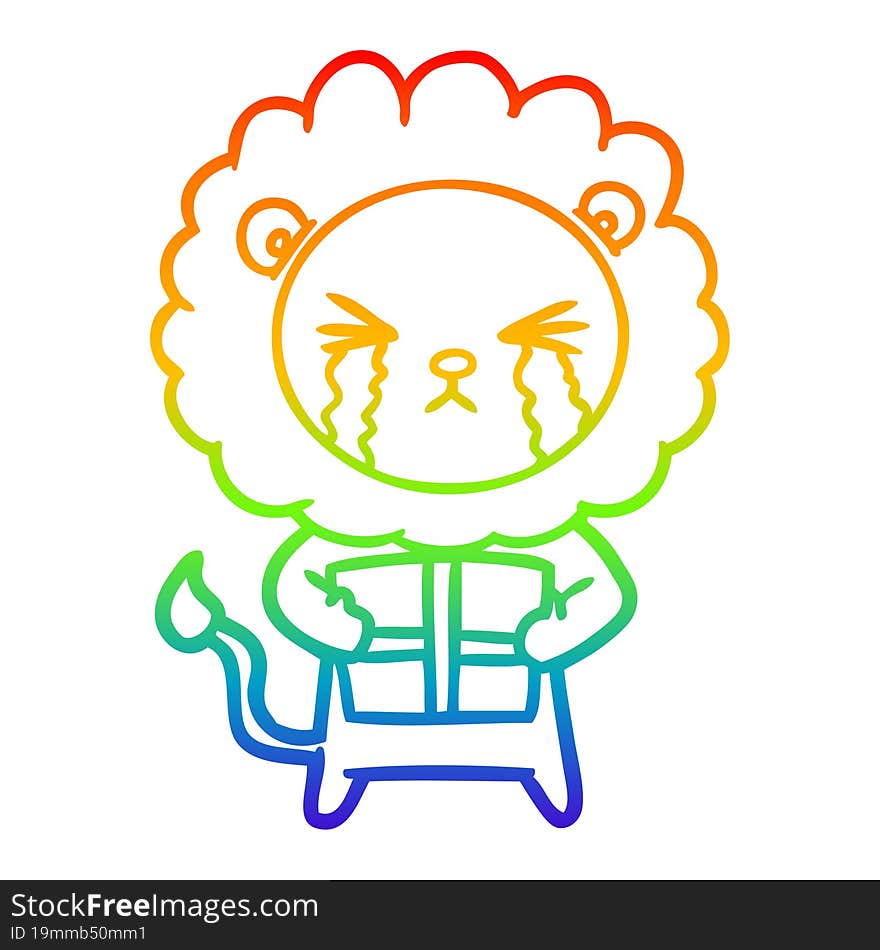 rainbow gradient line drawing cartoon crying lion with gift