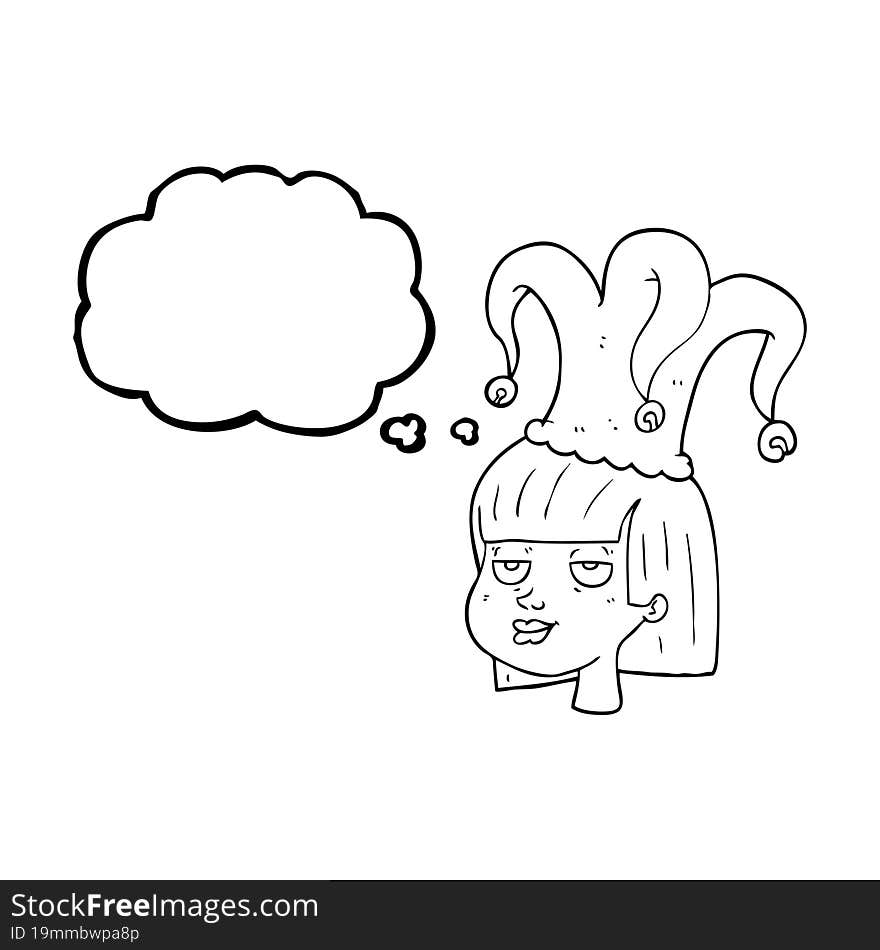 freehand drawn thought bubble cartoon female face with jester hat. freehand drawn thought bubble cartoon female face with jester hat