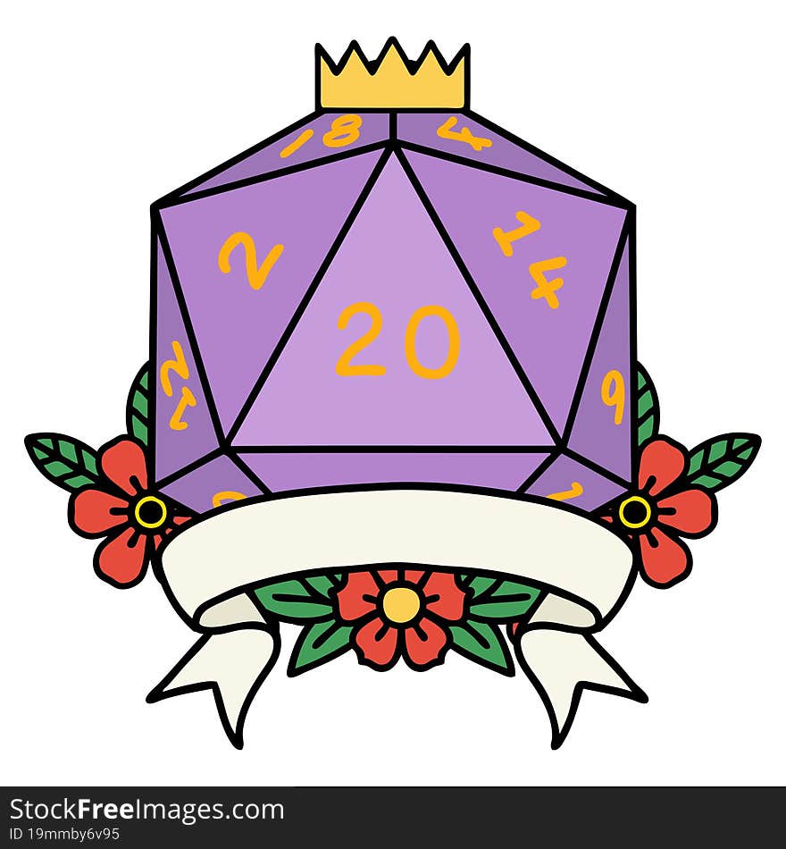 Retro Tattoo Style natural 20 critical hit D20 dice roll. Retro Tattoo Style natural 20 critical hit D20 dice roll