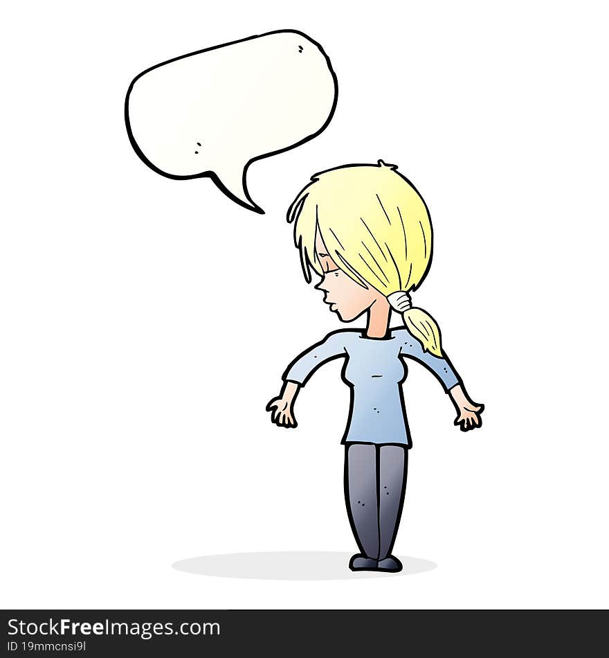 cartoon woman shrugging shoulders with speech bubble