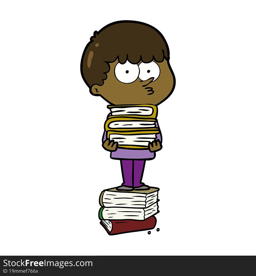 cartoon curious boy with lots of books. cartoon curious boy with lots of books