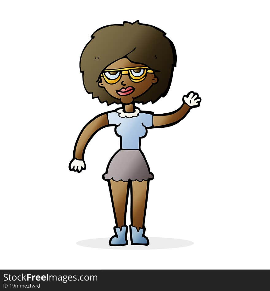 cartoon waving woman wearing spectacles