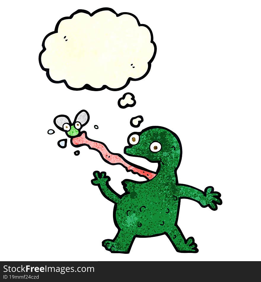 cartoon frog catching fly with thought bubble