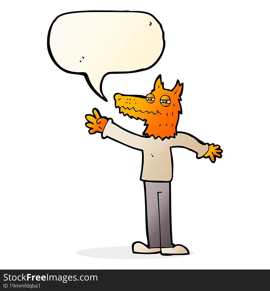 cartoon waving fox with speech bubble