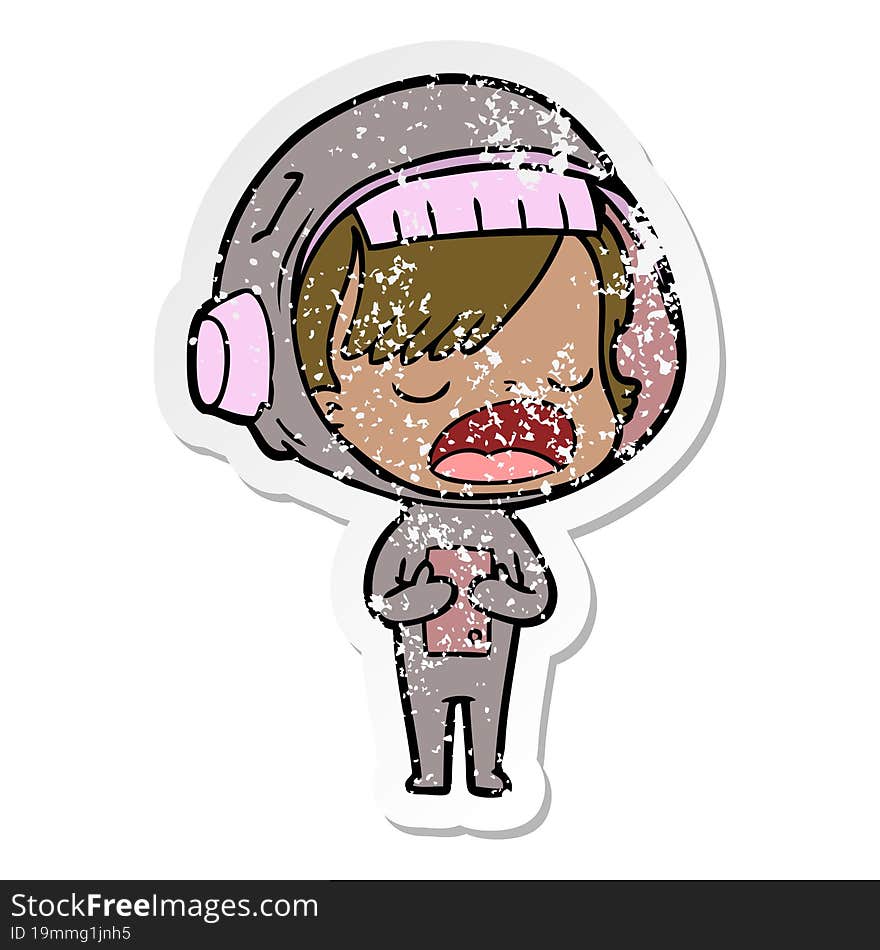 distressed sticker of a cartoon astronaut woman explaining