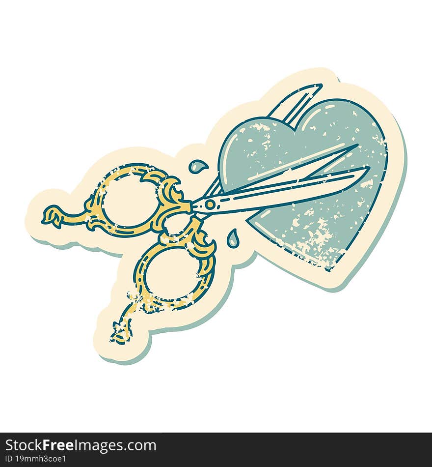 distressed sticker tattoo style icon of scissors cutting a heart