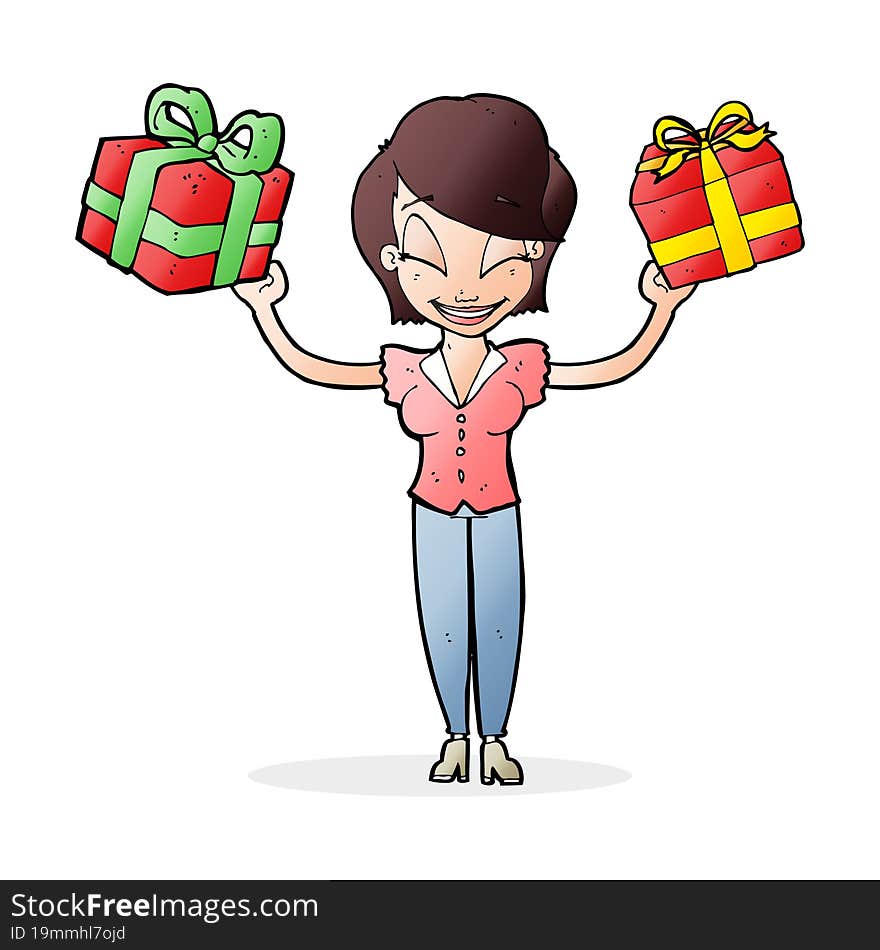 cartoon woman carrying gifts