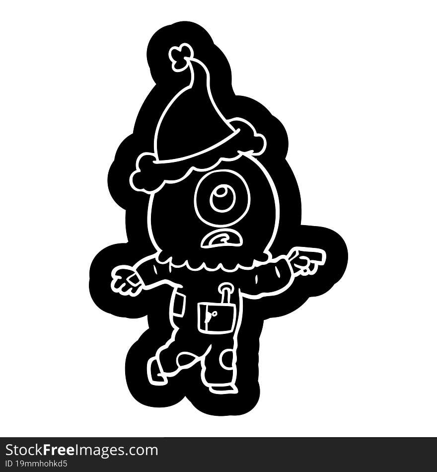 cartoon icon of a cyclops alien spaceman pointing wearing santa hat