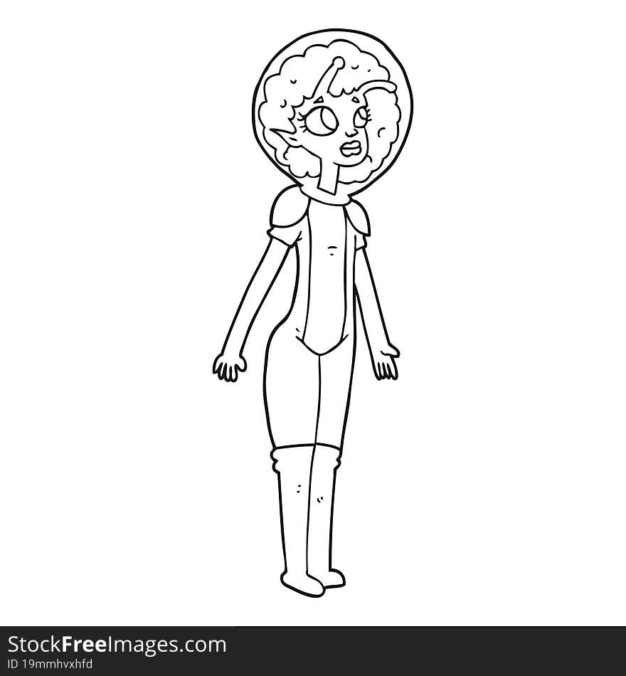 freehand drawn black and white cartoon alien space girl