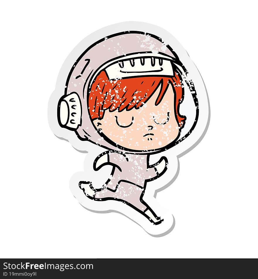 distressed sticker of a cartoon astronaut woman