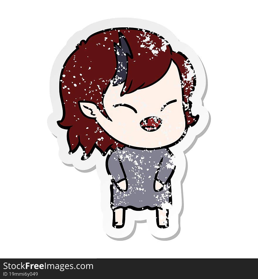 distressed sticker of a cartoon laughing vampire girl