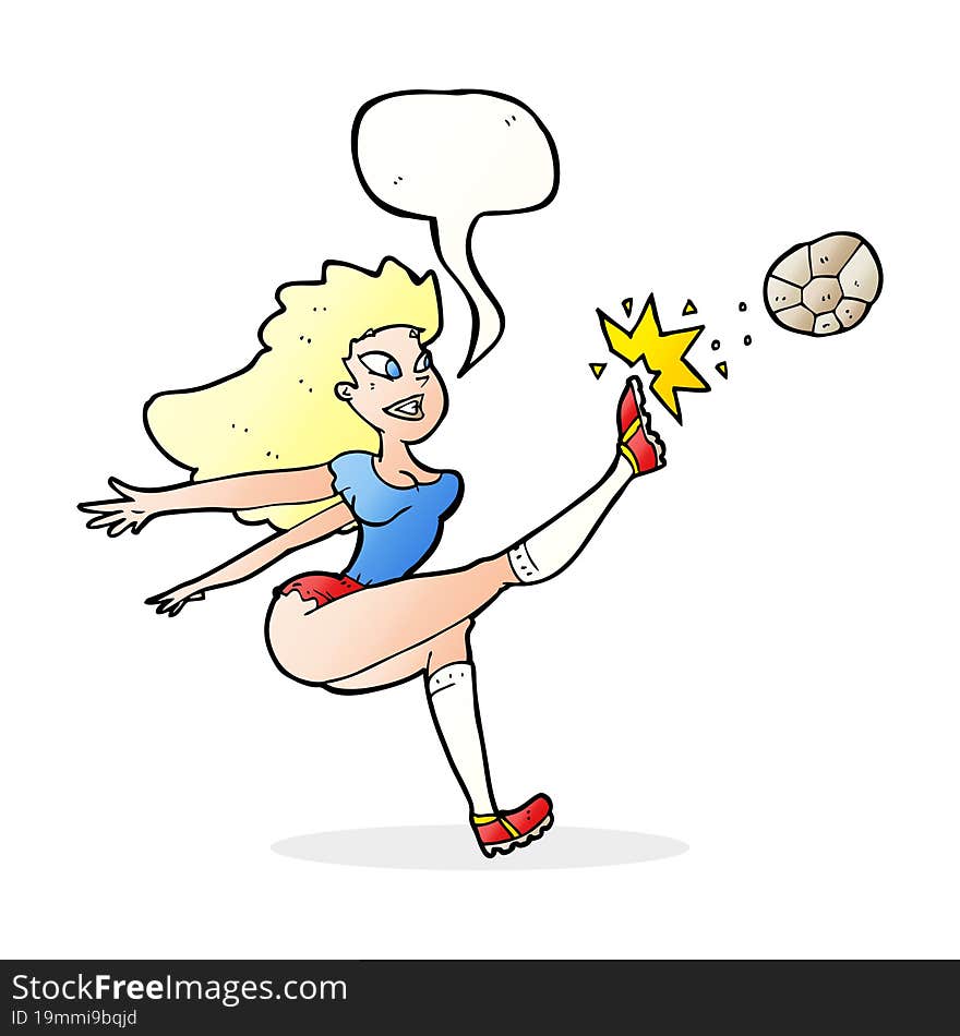 cartoon female soccer player kicking ball with speech bubble