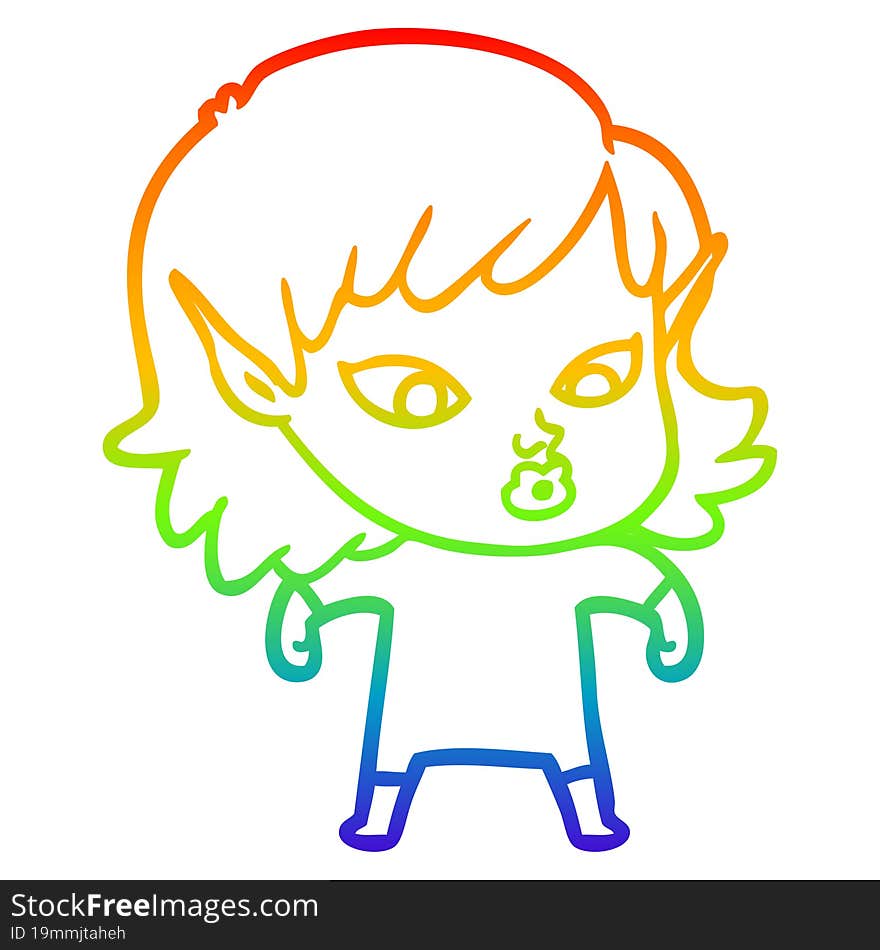 rainbow gradient line drawing of a pretty cartoon elf girl