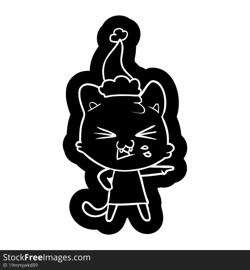 cartoon icon of a hissing cat wearing santa hat