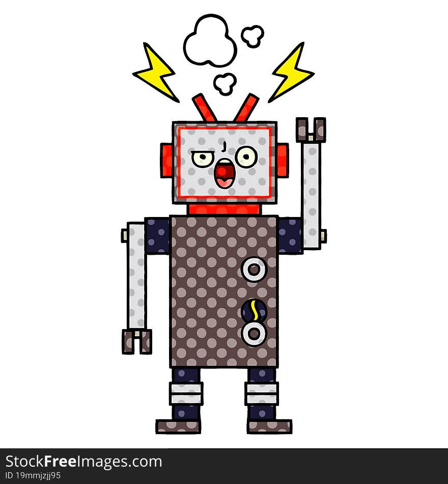 comic book style cartoon of a broken robot