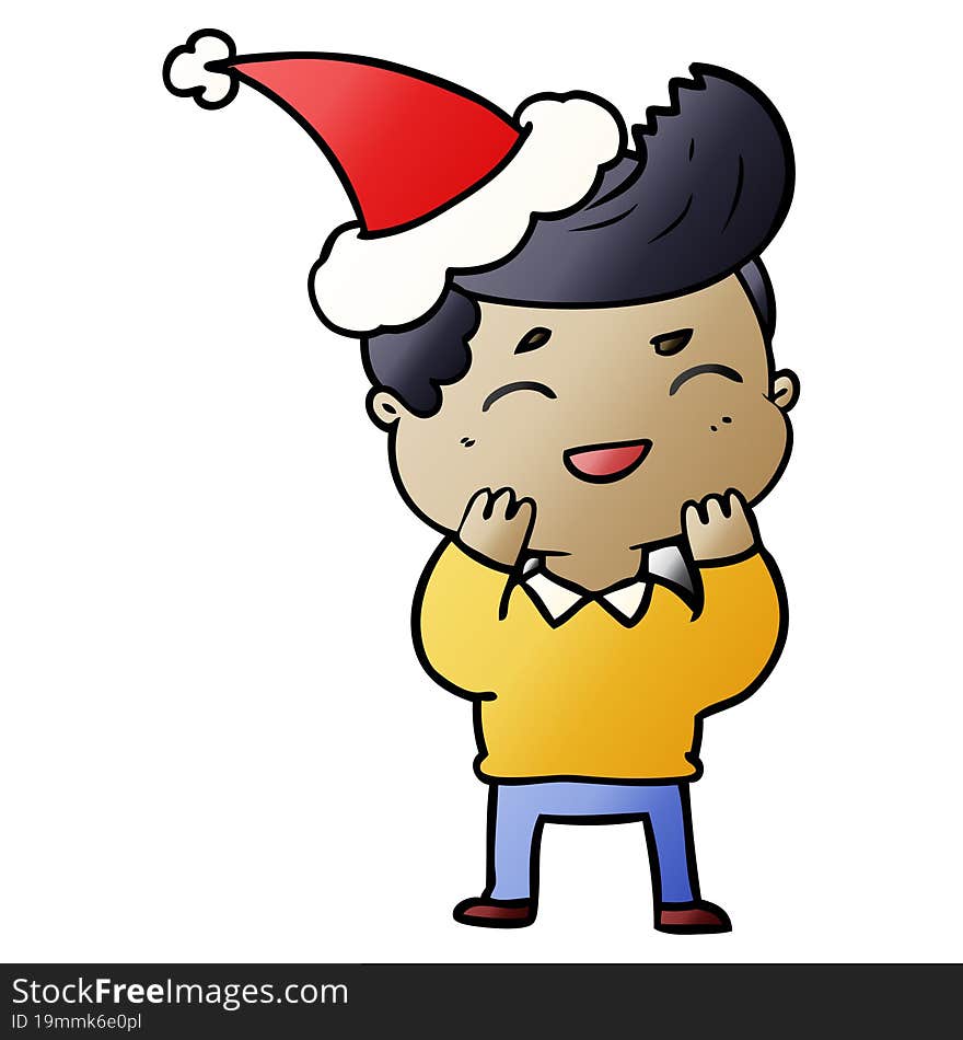 hand drawn gradient cartoon of a man laughing wearing santa hat