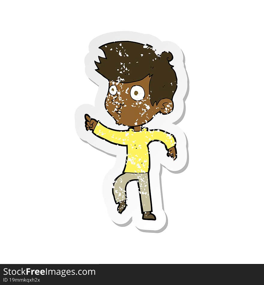 retro distressed sticker of a cartoon pointing boy