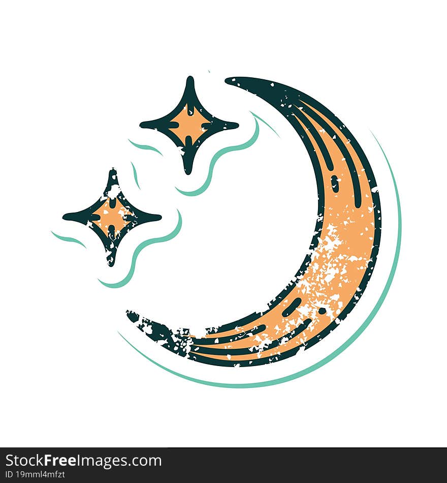 iconic distressed sticker tattoo style image of a moon and stars. iconic distressed sticker tattoo style image of a moon and stars