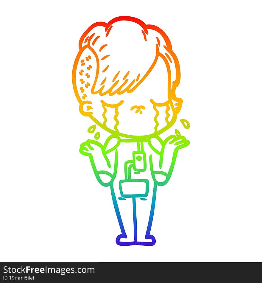 rainbow gradient line drawing cartoon crying girl wearing space clothes