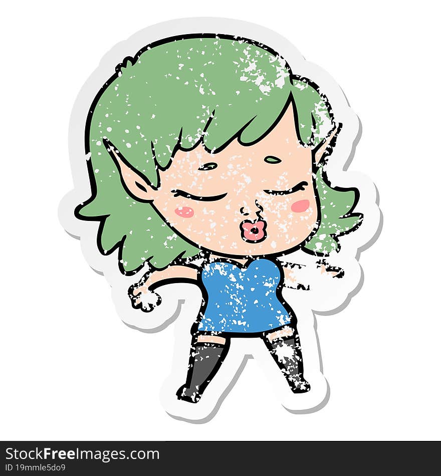 distressed sticker of a pretty cartoon elf girl