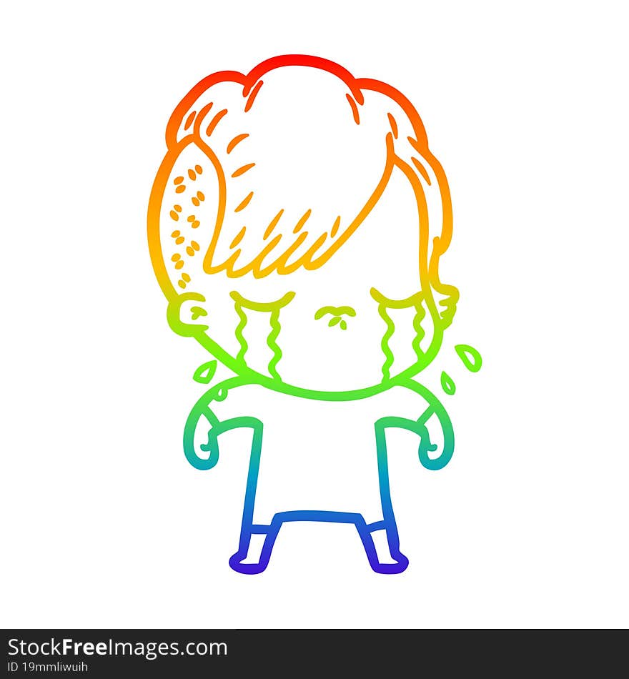 rainbow gradient line drawing of a cartoon crying girl