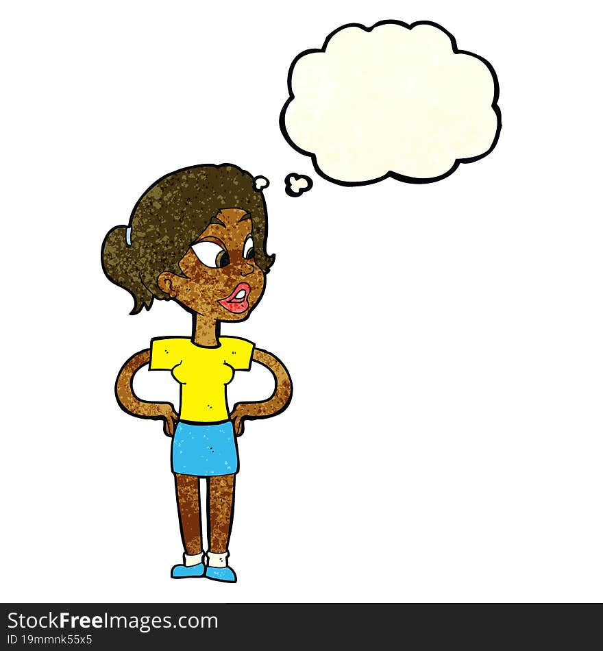 cartoon woman with hands on hips with thought bubble