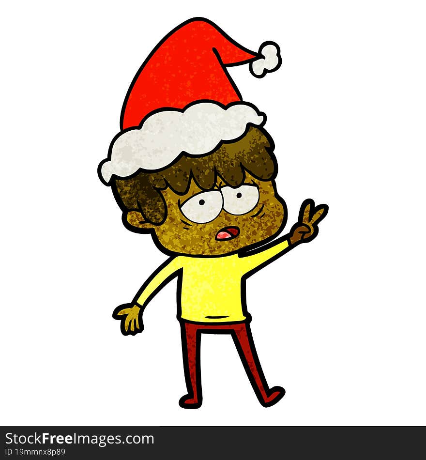 textured cartoon of a exhausted boy wearing santa hat