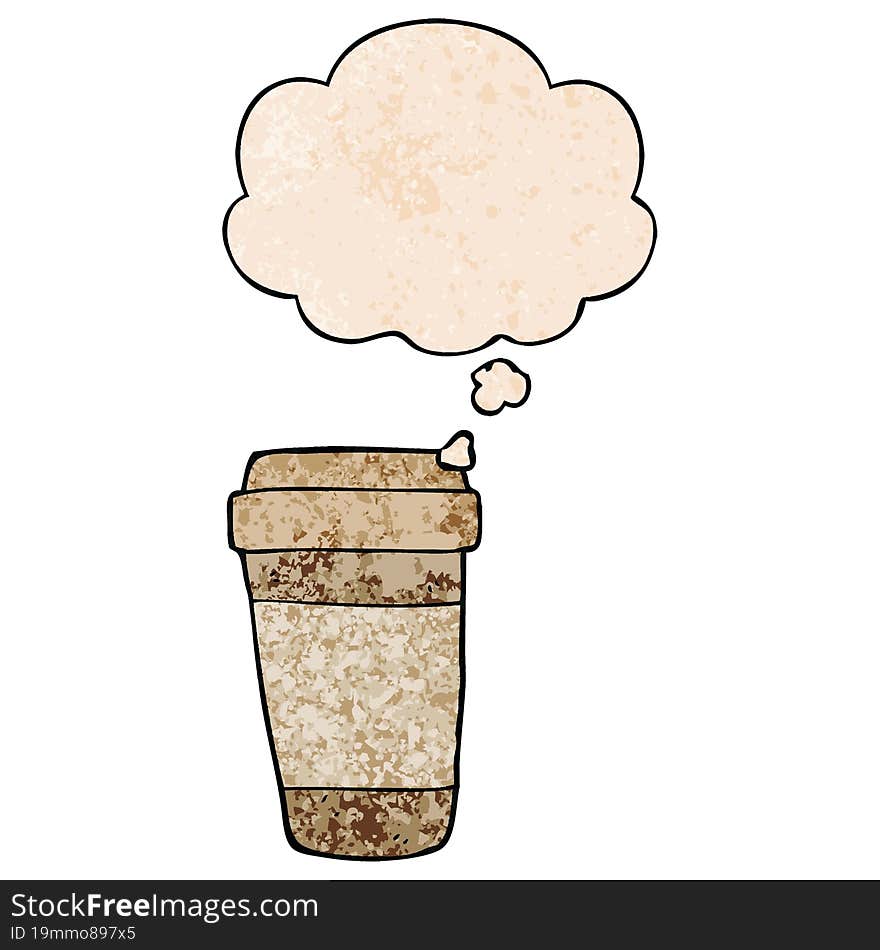 cartoon coffee cup and thought bubble in grunge texture pattern style