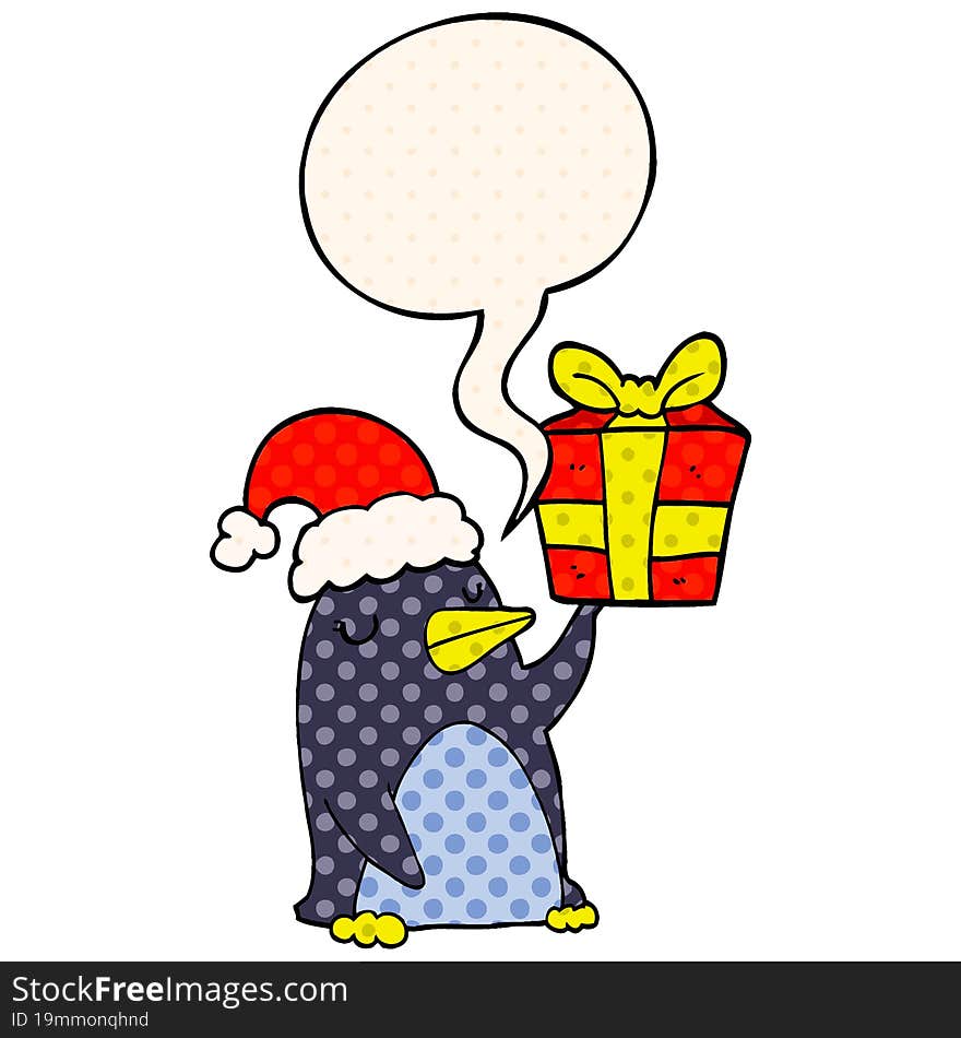 cartoon penguin with christmas present with speech bubble in comic book style. cartoon penguin with christmas present with speech bubble in comic book style