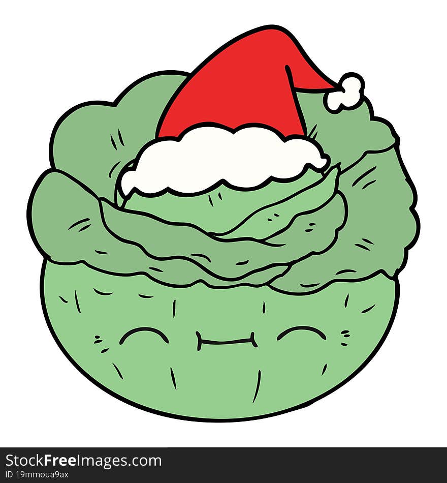 hand drawn line drawing of a cabbage wearing santa hat