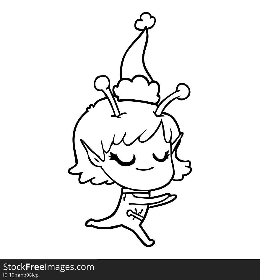 smiling alien girl hand drawn line drawing of a running wearing santa hat. smiling alien girl hand drawn line drawing of a running wearing santa hat