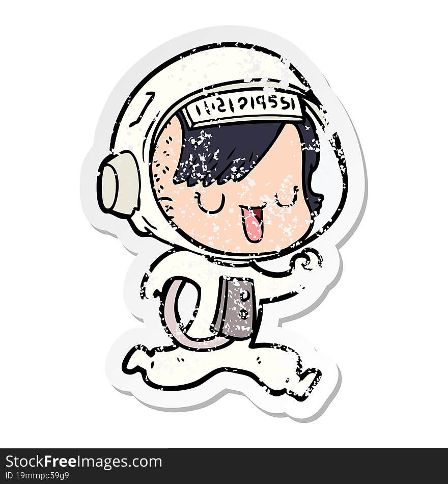 distressed sticker of a cartoon astronaut woman