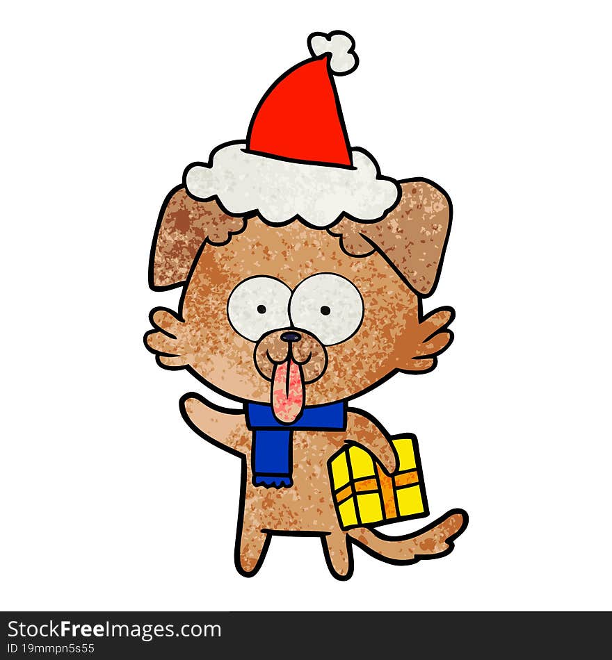 textured cartoon of a dog with christmas present wearing santa hat