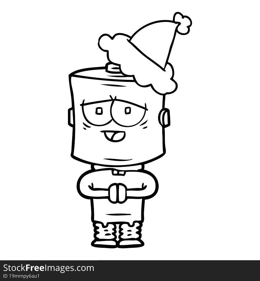 line drawing of a robot wearing santa hat