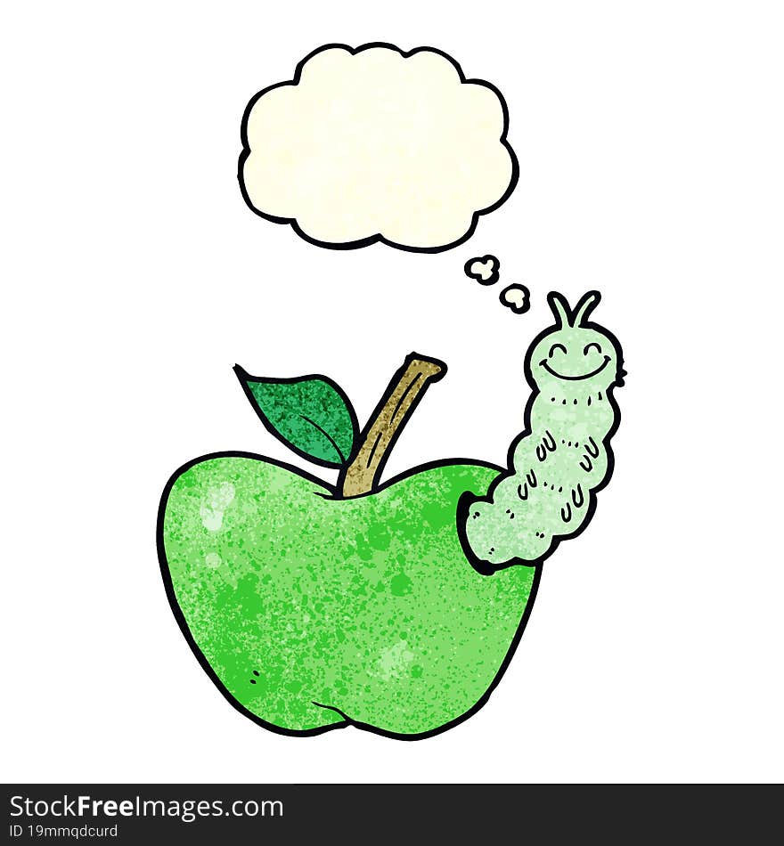 cartoon apple with bug with thought bubble