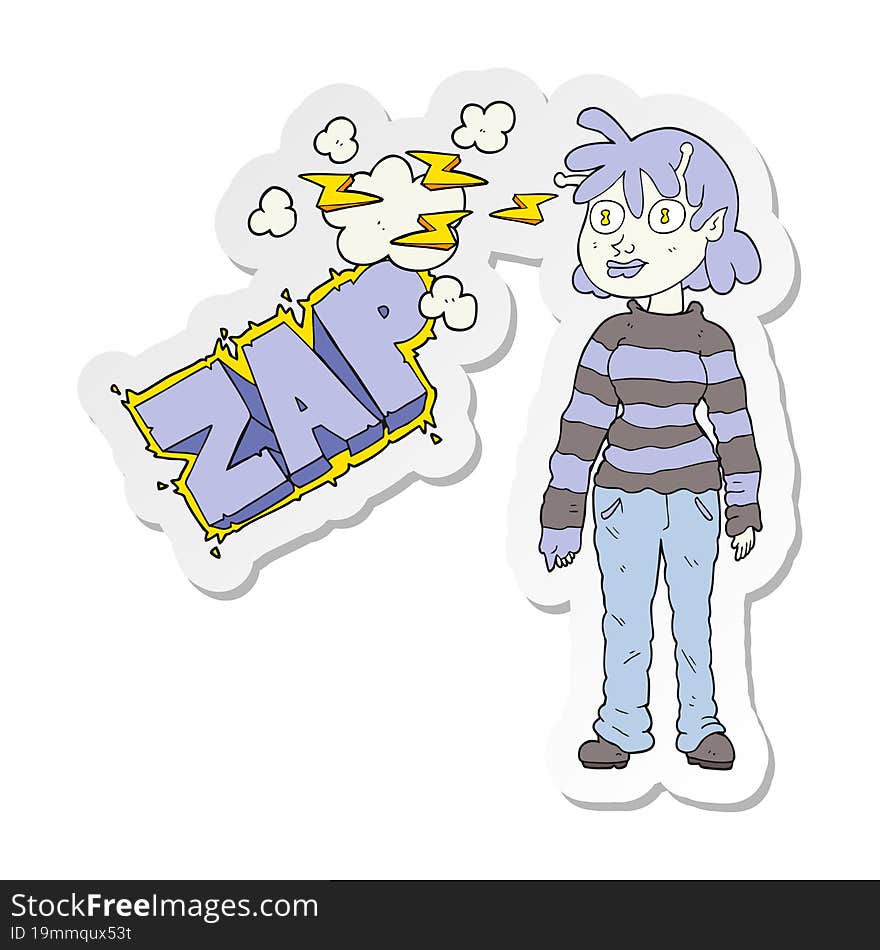 sticker of a cartoon casual alien girl using telepathy