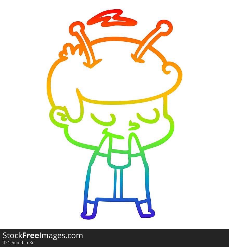 rainbow gradient line drawing of a self conscious cartoon spaceman