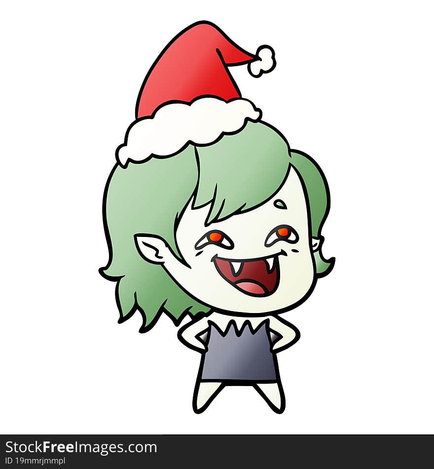 hand drawn gradient cartoon of a laughing vampire girl wearing santa hat