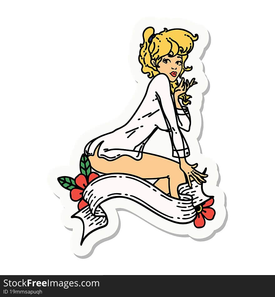 tattoo style sticker of a pinup girl wearing a shirt with banner