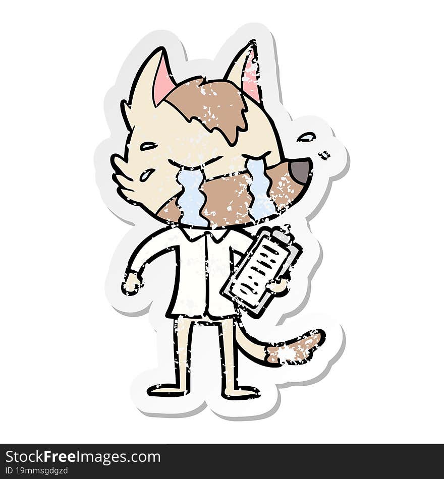 Distressed Sticker Of A Cartoon Crying Wolf Wearing Work Clothes