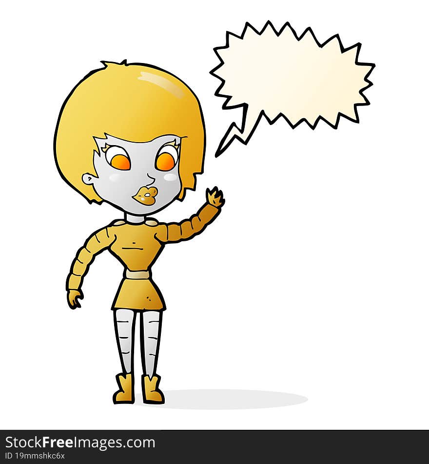 cartoon robot woman waving with speech bubble