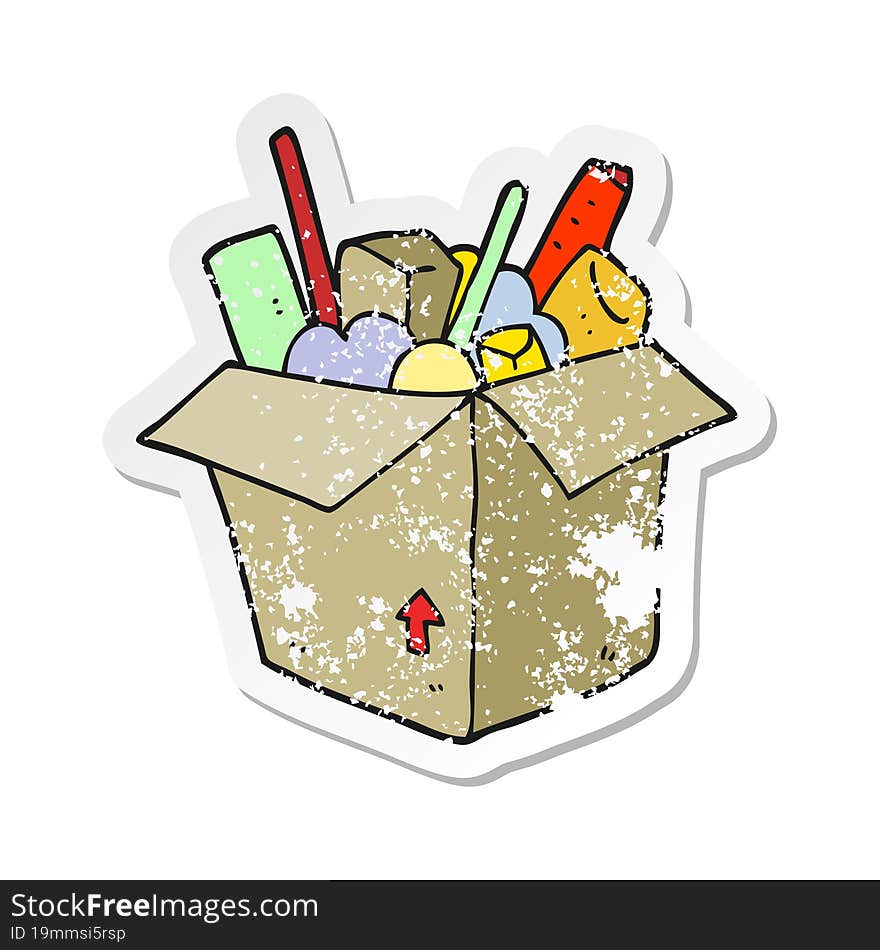 Retro Distressed Sticker Of A Cartoon Box Of Things