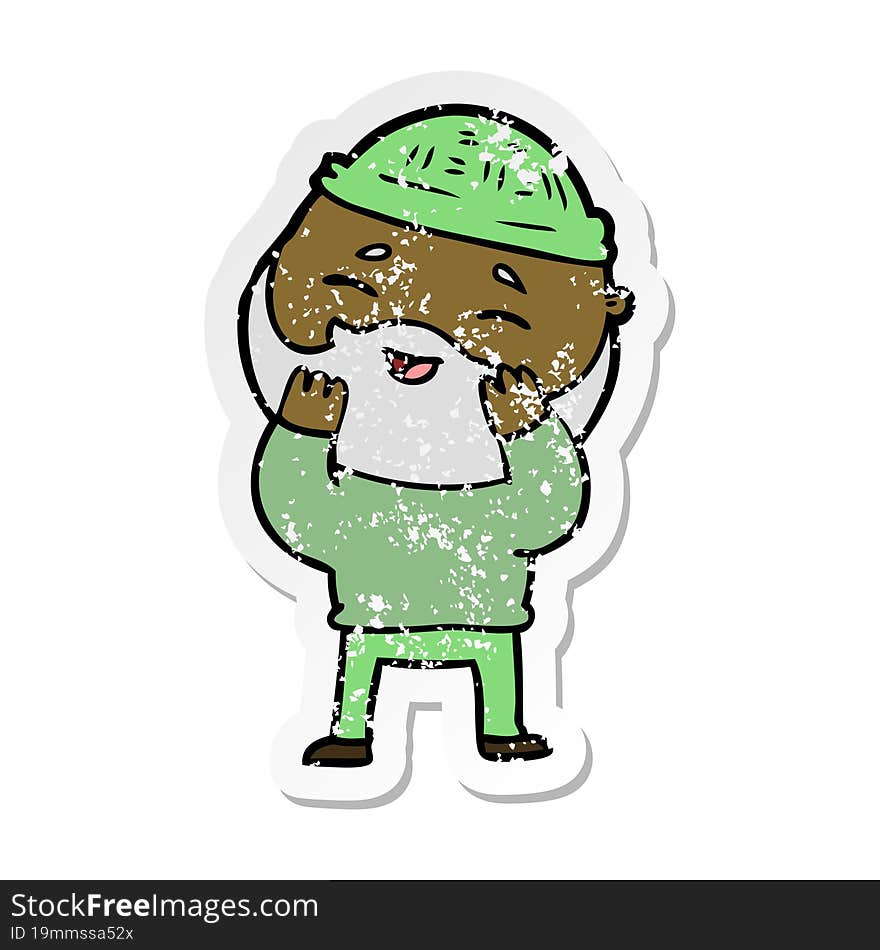 distressed sticker of a cartoon happy bearded man