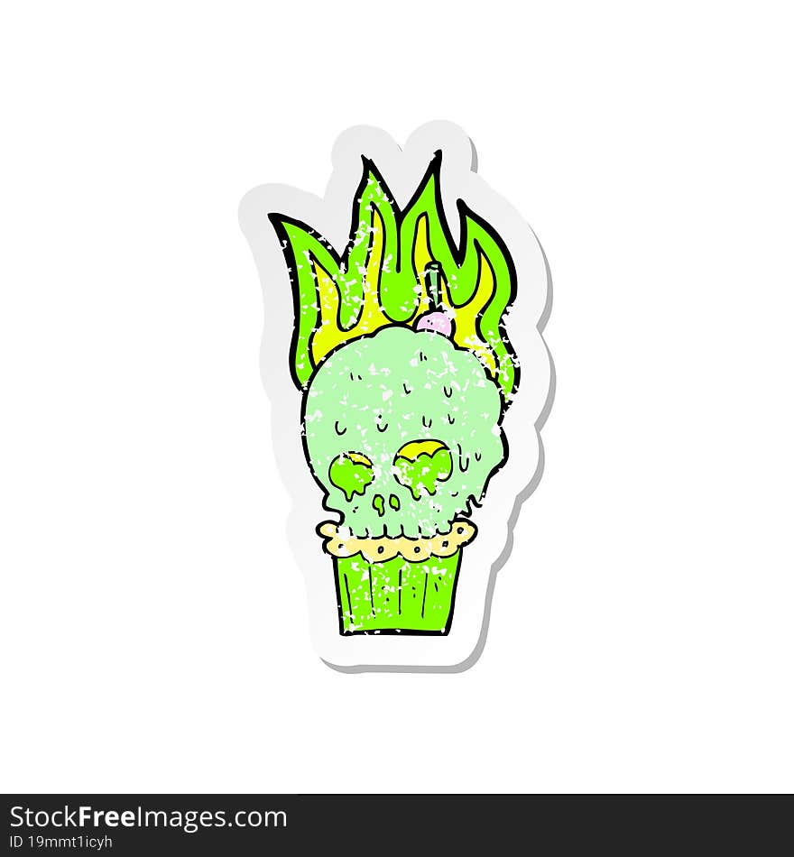 retro distressed sticker of a cartoon spooky skull cupcake